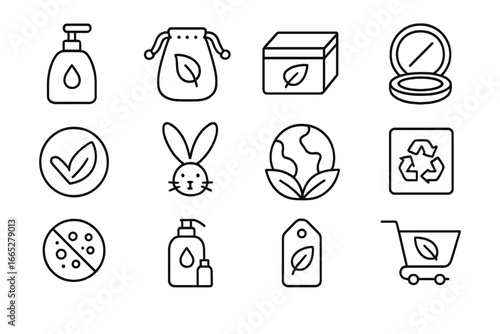 Eco-Friendly Cosmetic Icons. Line style icons of eco-conscious cosmetics: refillable bottle, zero waste pouch, biodegradable box,