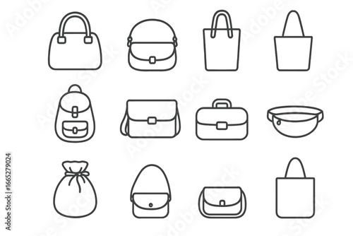 Line Style Bag Icons. Line style icons of bags and purses: handbag icon, shoulder bag, tote bag, mini backpack, messenger bag, gym