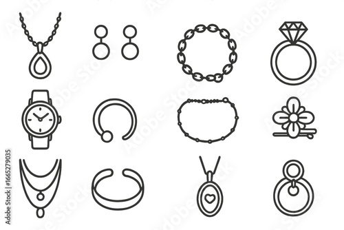 Jewelry Line Icons. Line style icons of jewelry items: pendant necklace, stud earrings, bracelet chain, diamond ring, watch face,