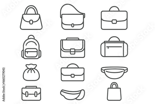 Line Style Bag Icons. Line style icons of bags and purses: handbag icon, shoulder bag, tote bag, mini backpack, messenger bag, gym