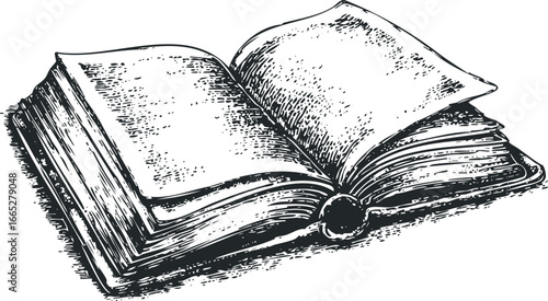 Open hardback book with hand-drawn textured pages and binding