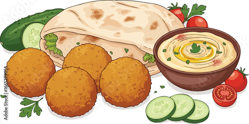 A vibrant illustration of a Middle Eastern falafel meal with hummus, vegetables, and pita bread.