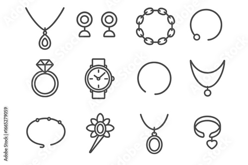 Jewelry Line Icons. Line style icons of jewelry items: pendant necklace, stud earrings, bracelet chain, diamond ring, watch face,