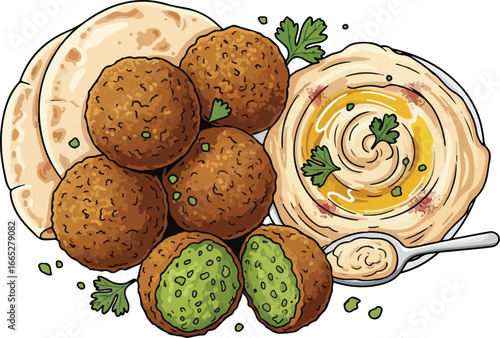 An illustration of falafel balls served with pita bread and a swirl of hummus, garnished with parsley.