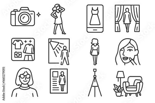 Fashion Photography Icons. Line style icons of fashion photography: fashion shoot camera, model pose, outfit shot, flatlay photo,
