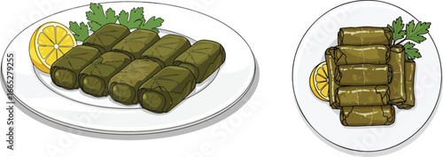 Two plates of dolmas, a traditional Middle Eastern dish, featuring grape leaves filled with rice and herbs.