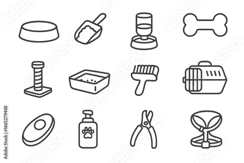 Pet Care Essentials. Line style icons of pet care items: pet bowl, food scoop, water dispenser, chew toy, scratching post, litter