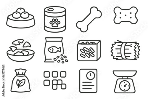 Pet Food Icons. Line style icons of pet food and treats: dry kibble, wet food can, treat bone, biscuit snack, fish flakes, bird