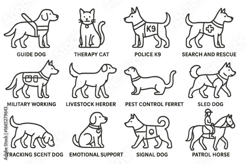 Service and Working Animals. Line style icons of service and working animals: guide dog, therapy cat, police K9, search and rescue