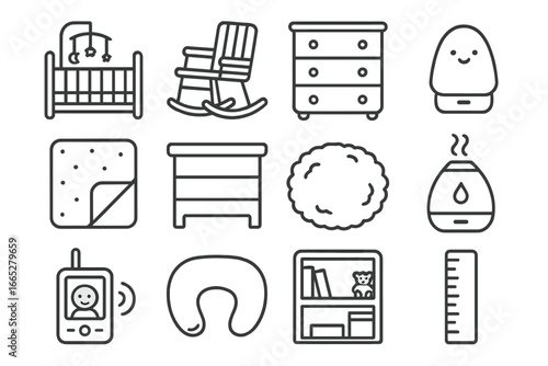 Baby Room Essentials. Line style icons of baby room items: crib with mobile, rocking chair, baby dresser, nightlight icon, baby
