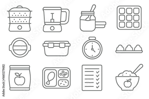 Baby Food Prep Icons. Line style icons of baby food prep: food steamer, baby blender, puree jar, ice tray for baby food, food