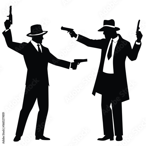 Two men holding guns silhouette pistols