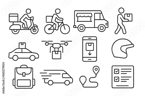 Delivery Service Icons. Line style icons of delivery services: delivery scooter, bicycle courier, food truck, walking courier, car