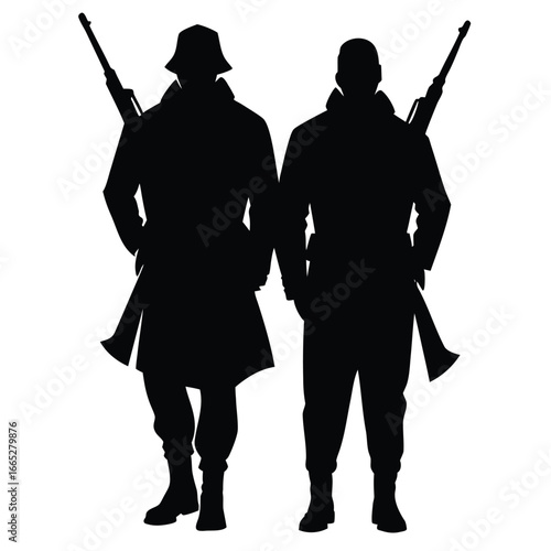 Two soldiers holding rifles silhouette black