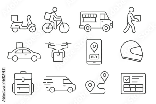 Delivery Service Icons. Line style icons of delivery services: delivery scooter, bicycle courier, food truck, walking courier, car