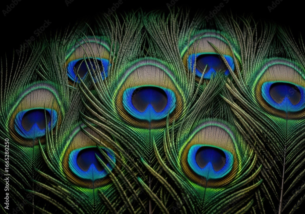 Naklejka premium Closeup of vibrant peacock feathers with intricate eye patterns against a dark background
