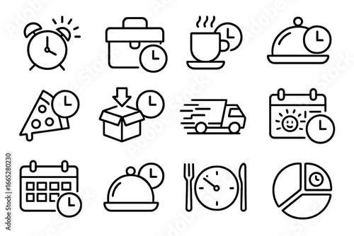 Delivery Time Icons. Line style icons of delivery time zones: morning delivery, lunchtime pack, afternoon coffee, evening dinner,