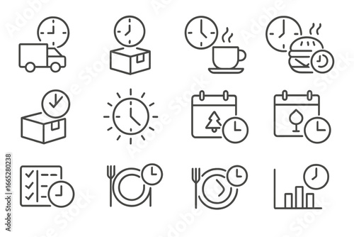 Delivery Time Icons. Line style icons of delivery time zones: morning delivery, lunchtime pack, afternoon coffee, evening dinner,