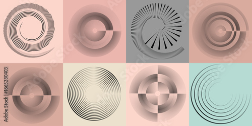 Lines and spirals in Circle Form .Rotate rounded shape Vector .Rotating dots form a circle .Rotating and linear design element . Various lines forming round shape . Abstract Geometric line art 