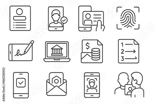 Digital Onboarding Icons. Line style icons of bank digital onboarding: eKYC form, selfie verification, upload ID, digital