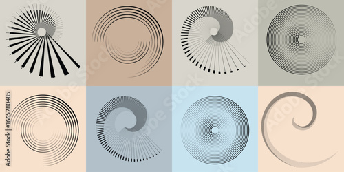 Lines and spirals in Circle Form .Rotate rounded shape Vector .Rotating dots form a circle .Rotating and linear design element . Various lines forming round shape . Abstract Geometric line art 