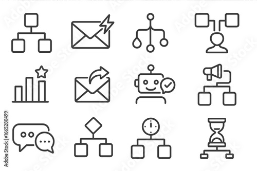 Marketing Automation Icons. Line style icons of marketing automation tools: workflow builder, email trigger icon, drip logic tree,