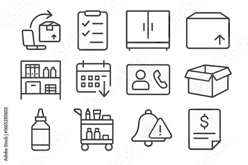 Office Supplies Icons. Line style icons of office supplies restock: order supplies icon, inventory list, supply cabinet, delivery