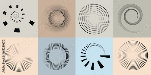 Lines and spirals in Circle Form .Rotate rounded shape Vector .Rotating dots form a circle .Rotating and linear design element . Various lines forming round shape . Abstract Geometric line art 