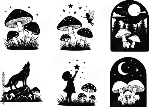 Whimsical silhouette set of enchanted forest scenes with mushrooms wolf and stargazing child