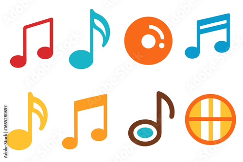 Vector musical icons with notes, sounds, and symbols for web design