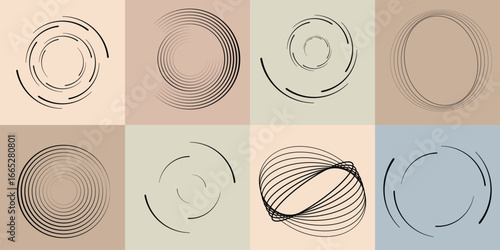 Lines and spirals in Circle Form .Rotate rounded shape Vector .Rotating dots form a circle .Rotating and linear design element . Various lines forming round shape . Abstract Geometric line art 