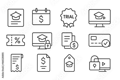 Course Payment Icons. Line style icons of course payment and access: course fee icon, subscription plan, trial access badge, free