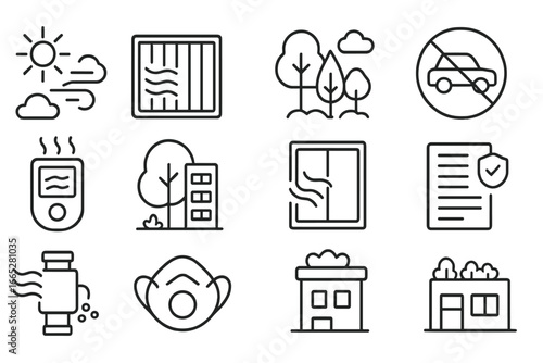 Clean Air Icons. Line style icons of clean air initiatives: air quality icon, HEPA filter icon, green zone, low emission icon, no