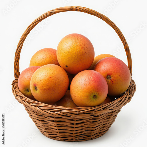 A woven basket filled with several ripe mangoes on a white background view