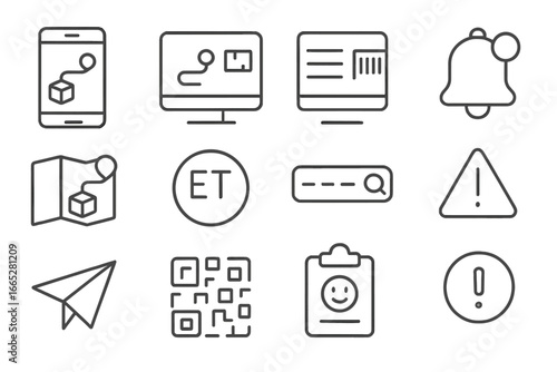 Delivery Tracking Icons. Line style icons of delivery tracking interfaces: mobile tracking app, desktop tracking screen, scan