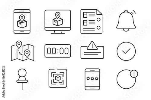 Delivery Tracking Icons. Line style icons of delivery tracking interfaces: mobile tracking app, desktop tracking screen, scan