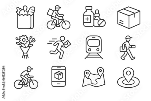 Local Delivery Icons. Line style icons of local delivery services: grocery bag icon, food courier icon, pharmacy delivery, small