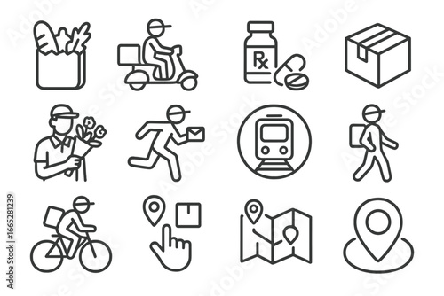Local Delivery Icons. Line style icons of local delivery services: grocery bag icon, food courier icon, pharmacy delivery, small