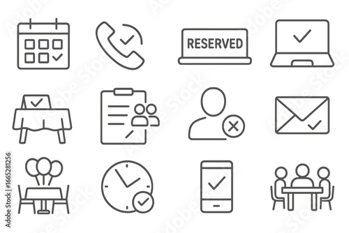 Reservation Icons Collection. Line style icons of reservation and booking: calendar slot, reservation phone icon, reserved sign,