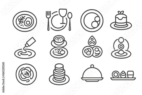 Elegant Food Icons. Line style icons of food presentation: garnished plate, table setup icon, portion size icon, plated dessert,