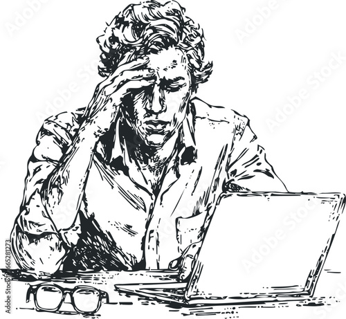 Man with hand on forehead looking stressed while working on a laptop