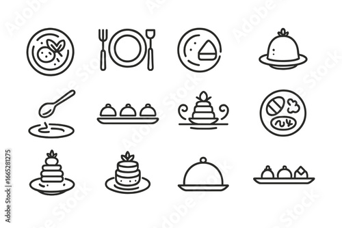 Elegant Food Icons. Line style icons of food presentation: garnished plate, table setup icon, portion size icon, plated dessert,