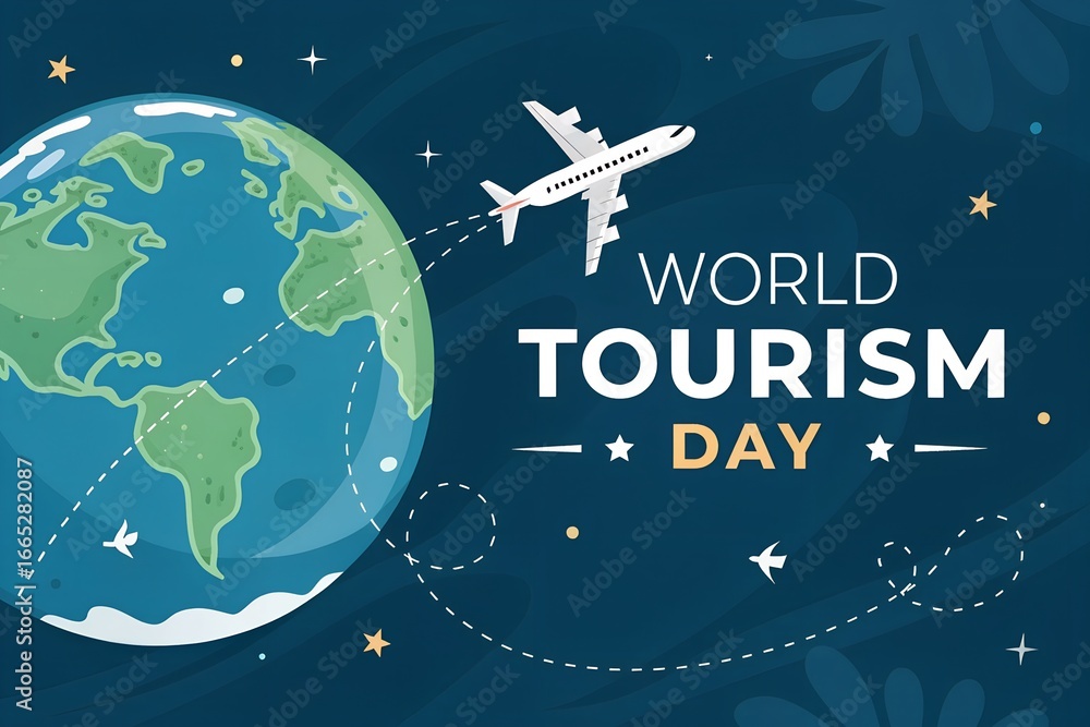 Naklejka premium World tourism day illustration featuring a globe and an airplane