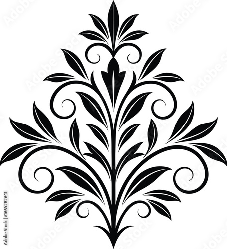 Elaborate black floral damask pattern with swirling leaves and symmetrical design