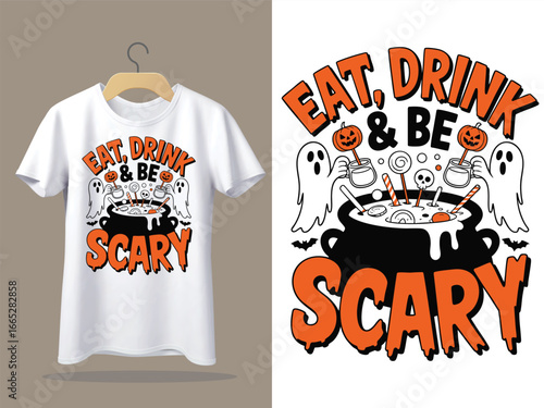 Whimsical halloween t shirt design featuring ghosts pumpkins and a cauldron with the phrase eat drink and be scary
