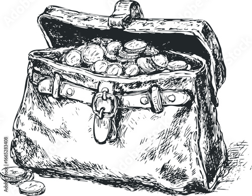 Antique leather satchel overflowing with gold coins and currency