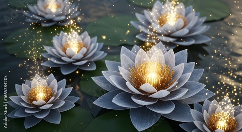 3D Rendered Blue Lotus Flowers with Golden Glowing Centers and Sparkling Light on Water isolated PNG with Transparent Background