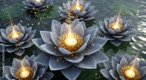 Abstract 3D Render of Ethereal Grey Lotus Flowers with Golden Glow Floating on Water isolated PNG with Transparent Background