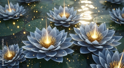 3D render of mystical grey-blue lotus flowers with golden glowing light and floating particles isolated PNG with Transparent Background