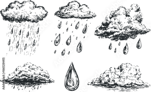 Hand Drawn Clouds and Rain Drops Collection Sketch